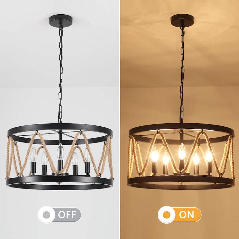 Modern 5-Light Hand-Woven Hemp Rope Drum Chandelier for Dining Room, Classic Semi Flush Mount Chandelier - W19.68"x H9.44"