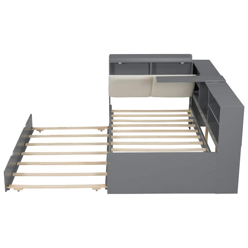 Twin Size Platform Bed with Trundle Bed, Built-in Storage Headboard, Shelves, and Rotating Board, Upholstered Backrest