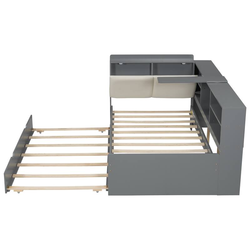Wood Twin Size Platform Bed, Pull-out Trundle Bed with Shelves and Storage Bed Frame, L Shaped Floor-Bed w/Upholstered Headboard