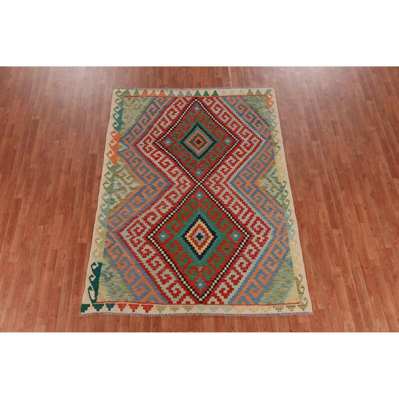 Hand Woven Oriental 100% Wool Carpet Southwestern Geometric Multi-Colored Kilim Area Rug - 8' 2'' X 6' 0''