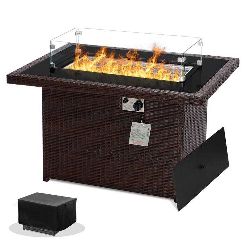 43" Wicker Propane Fire Pit Table, 60,000 BTU, NG Convertible - Brown