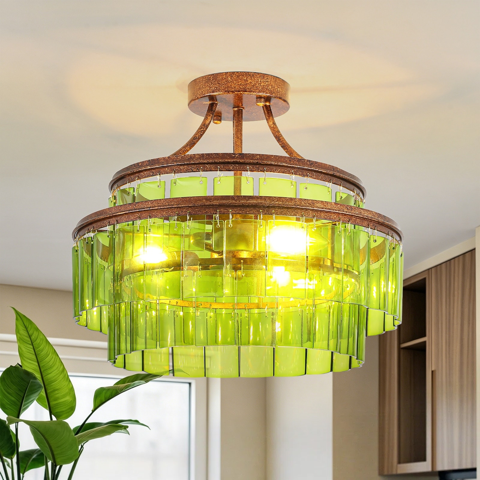 3-Light Vintage Antique Finish Green Glass Drum Flush Mount Ceiling Light - 23.6 in. Dia x 8.7 in. H