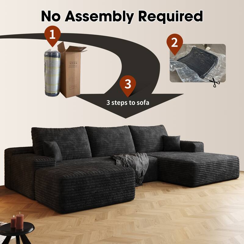 Modern Corduroy Compression Chaise Couch, U-shaped Sectional Sofa with Ottoman and Pillows Backrest for Living Room