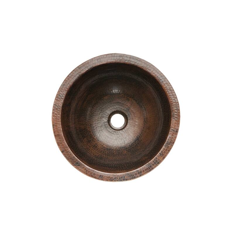 14" Round Under Counter Hammered Copper Bathroom Sink, Matching Drain and Accessories