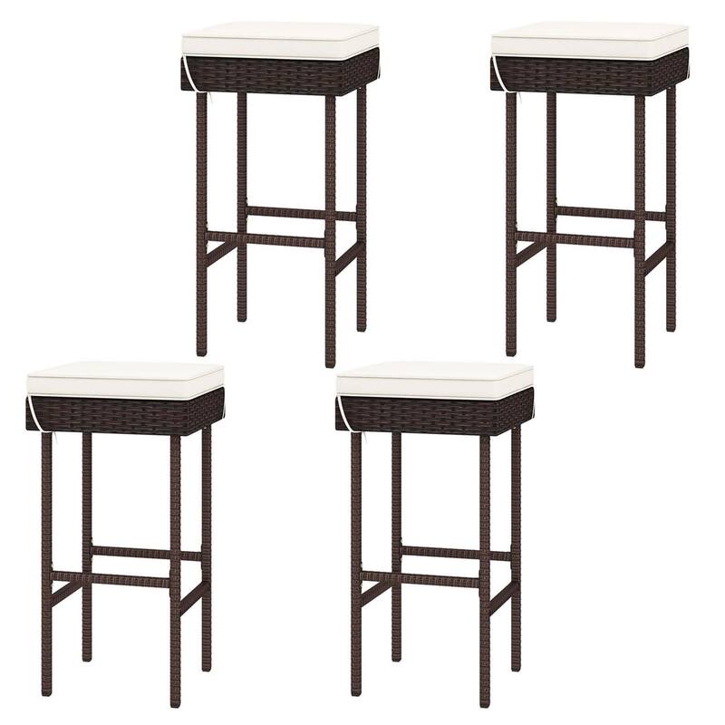 Gymax 4PCS Rattan Barstools Patio Wicker Bar Height Chairs w/ Footrest - Bar Height - Mix Brown - Set of 4