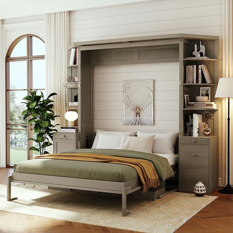 All-in-One Queen Murphy Bed with Desk, Light and Srorage Wall by Harper&Bright Designs - Grey