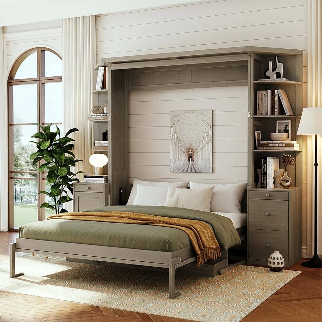 All-in-One Queen Murphy Bed with Desk, Light and Srorage Wall by Harper&Bright Designs