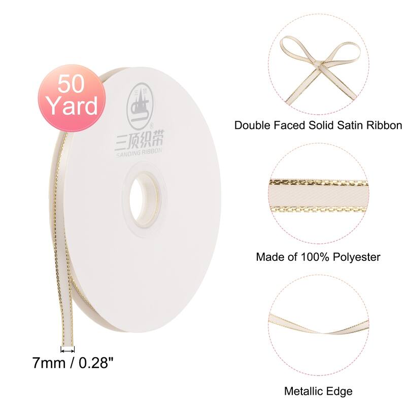50 Yards Satin Ribbon Polyester with Gold Edge for Gift Decoration, 1 Roll - White,Gold Edge