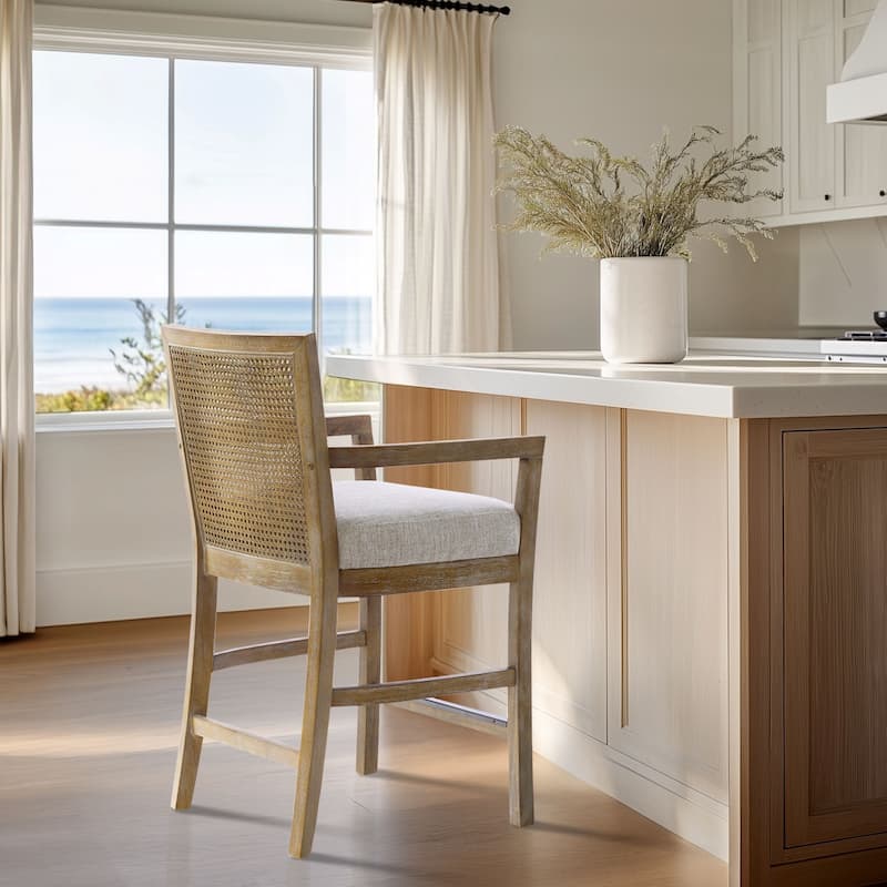 Madison Park Diedra Reclaimed Wood Counter Stool with Natural Rattan Back and Upholstered Seat