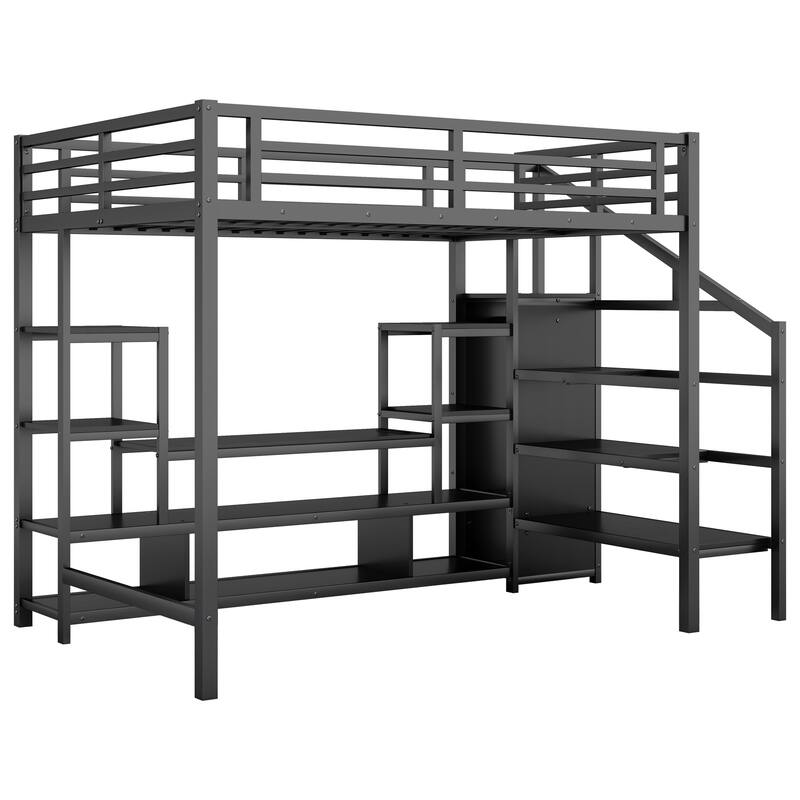 Full Size High Metal Loft Bed Frame with Entertainment TV Stand, Shelves, LED Light Strip, Charging Station, Staircase Wardrobe
