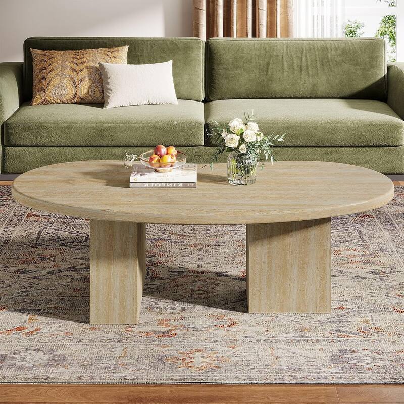 45 Inches Oval Coffee Table with Asymmetric Pedestal Legs for Living Room