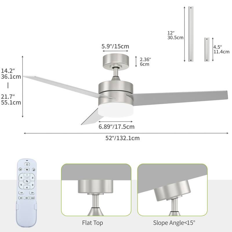 Modern Ceiling Fan with Adjustable LED Light and Remote Control, with 3 Blades - 52"