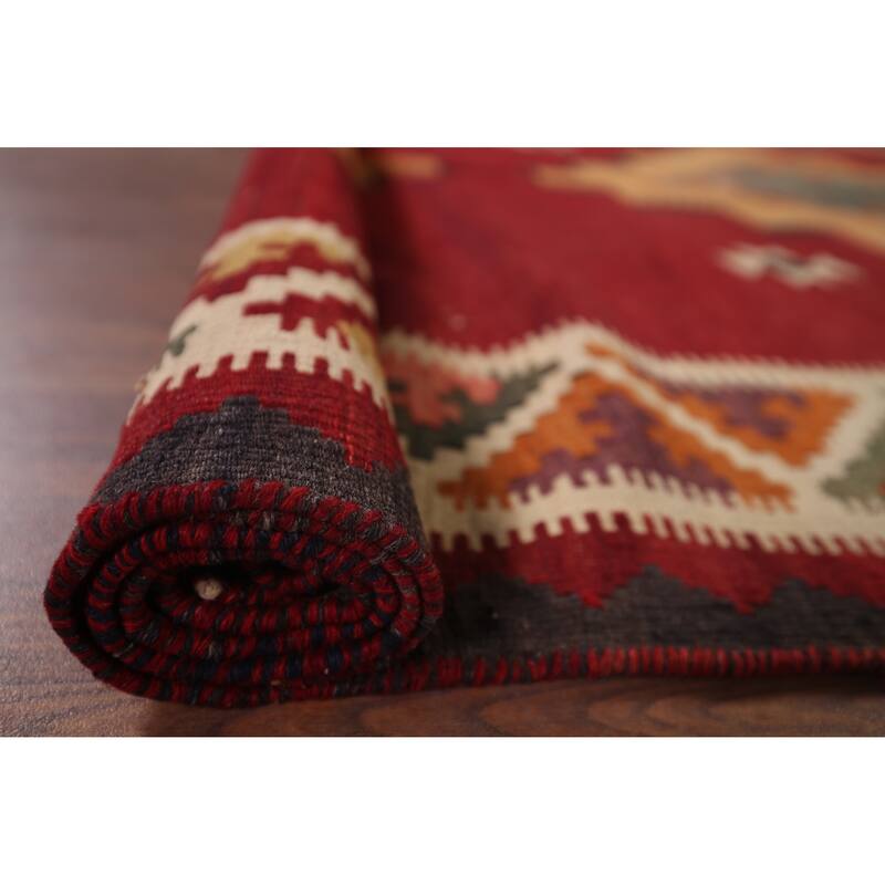 Red Kilim Qashqai Persian Vintage Area Rug Flatweave Wool Carpet - 4'10"x 7'0"