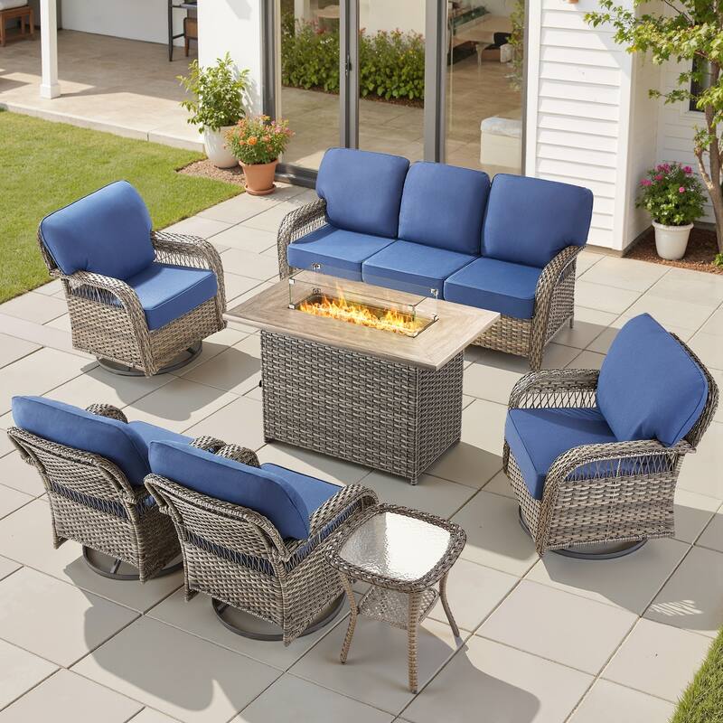 Pocassy Patio Sofa Ottoman Swivel Chair Table with Fire Table Funiture Set. - Gray Wicker Blue Cushion - 7-Piece Sofa Swivel Chair Table w/ Fie Pit Table