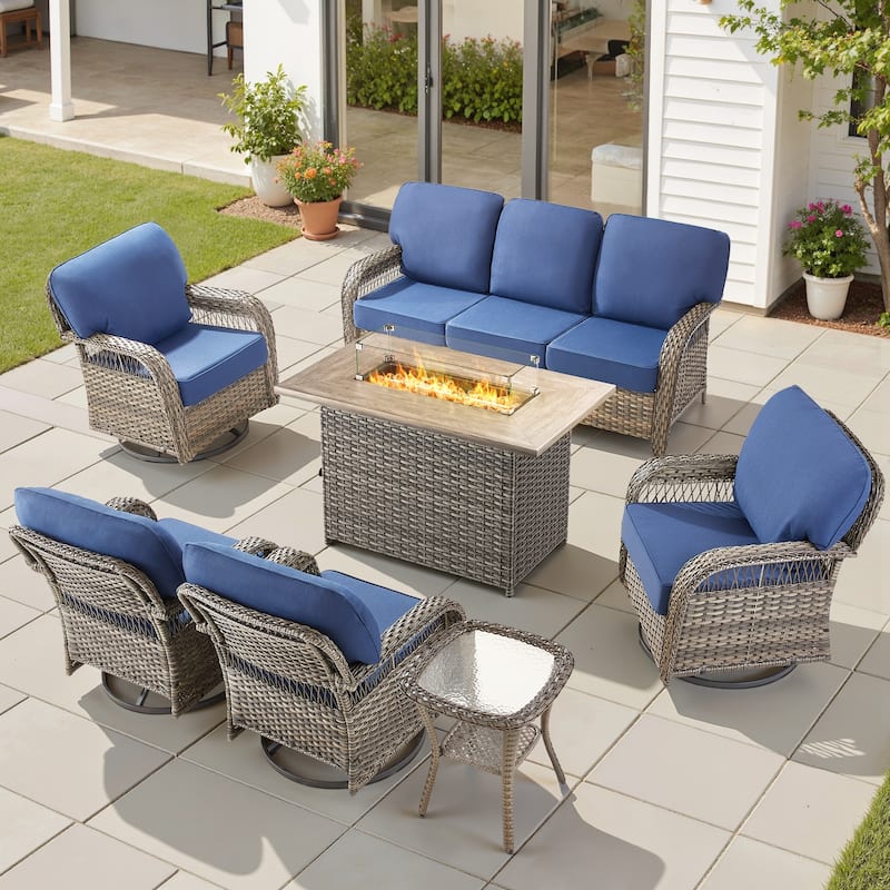 Pocassy Patio Sofa Ottoman Swivel Chair Table with Fire Table Set. - Gray Wicker Blue Cushion - 7-Piece Sofa Swivel Chair Table w/ Fie Pit Table