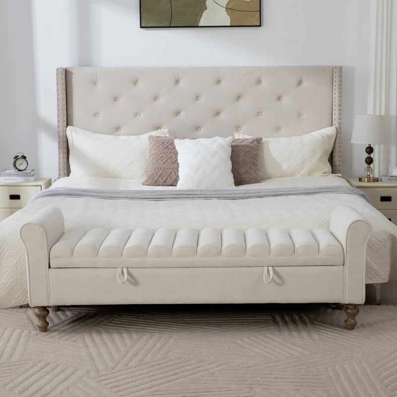 65.6"W Upholstered Storage Bench With Rolled Armrest, Rubberwood Legs