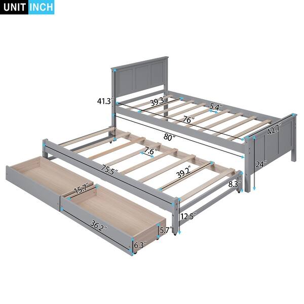 dimension image slide 1 of 2, Twin Size Platform Bed with Trundle and Drawers, Grey
