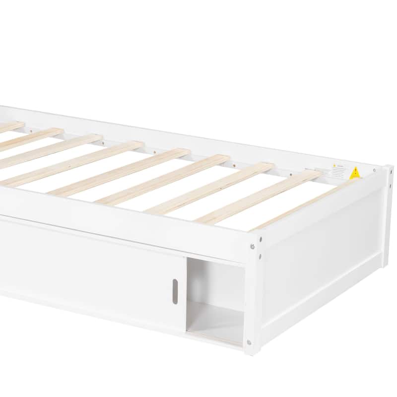 Twin Size L-shaped Bed Frame with Trundle Bed and Storage Cabinets, Desk, Lighting, Corner Platform Storage Bed Frame