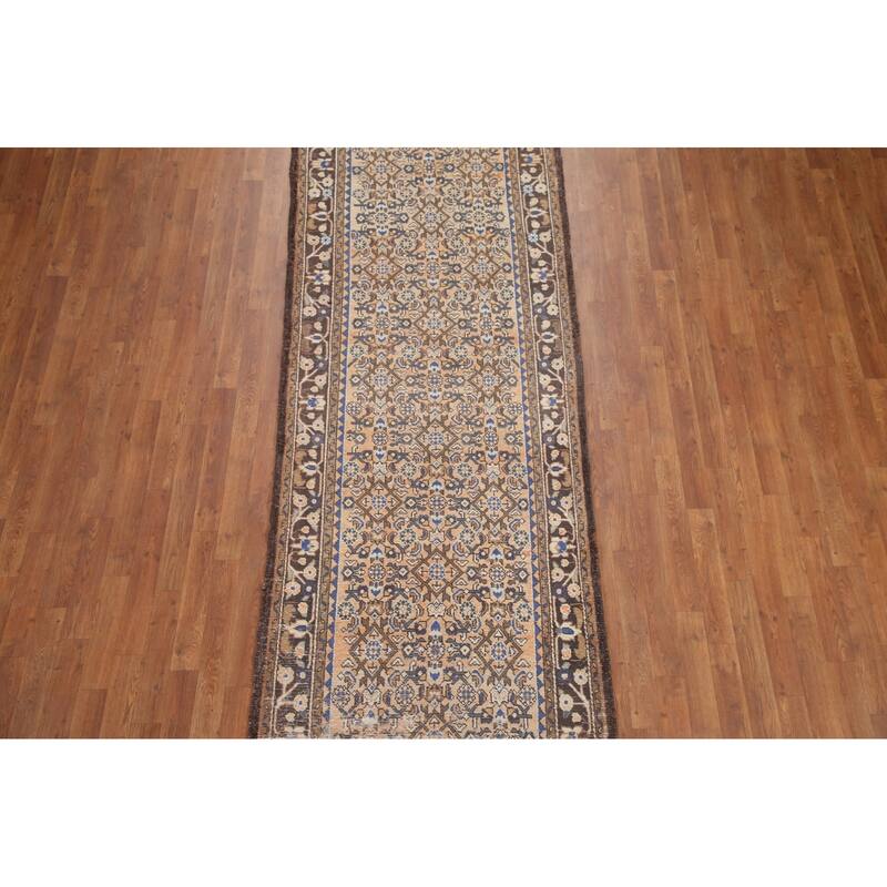 Hand Knotted Oriental 100% Wool Carpet Traditional All-Over Oranges & Rust Hamedan Runner Rug - 9' 8'' X 3' 7''