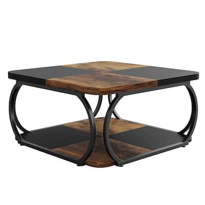 2-tier Square Coffee Table with Curved Metal Frame for Living Room