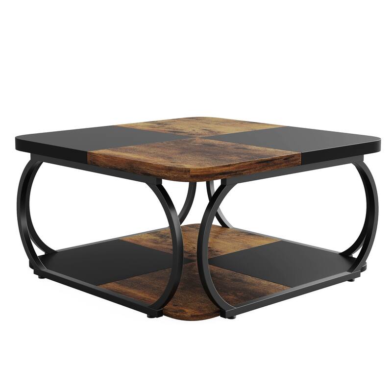 39"Square Coffee Table with Storage Shelf - 2-Tier Modern Farmhouse Coffee Table with Heavy-Duty Metal Curved Frame