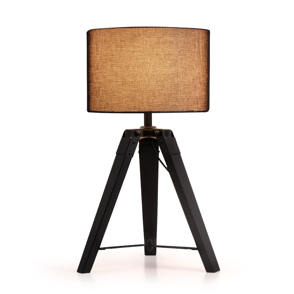 18 in. Modern Tripod Small Table Lamp with Solid Wood Legs and Linen Shade for Bedroom, Living Room