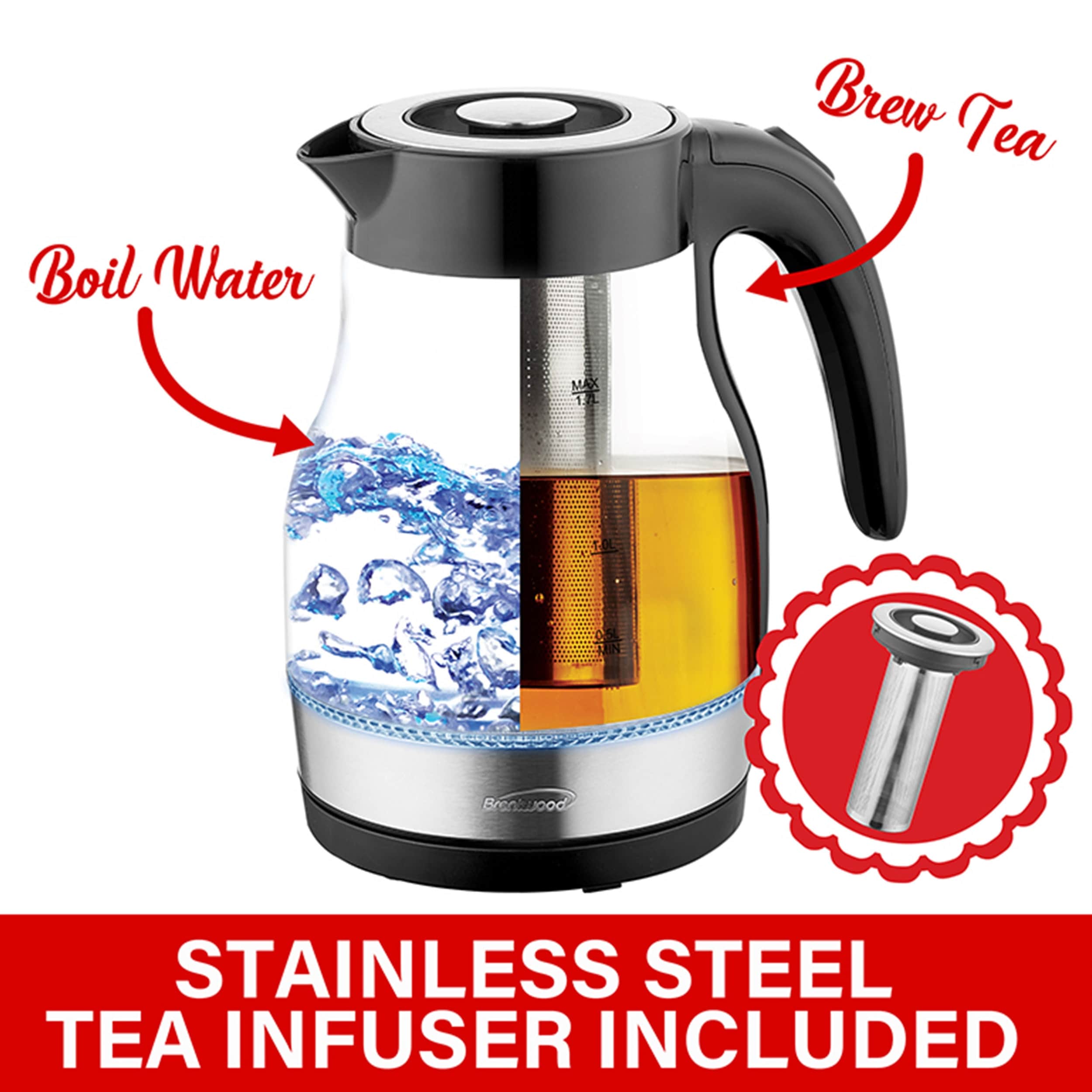 1.7 Liter Cordless Automatic Electric Glass Tea Kettle with Stainless Steel Tea Infuser Black