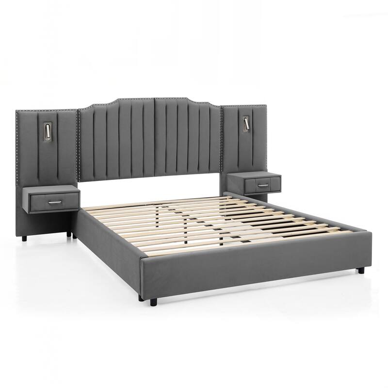 Queen Size Upholstered Bed Frame , Vertical Stripe Design with Buttons Around Platform Bed with Headboard