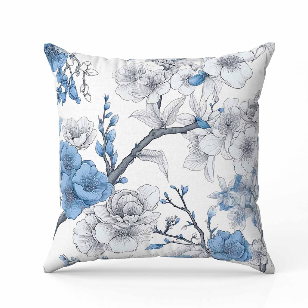 Petal Poetry Indoor/Outdoor Reversible Throw Pillow White and Blue