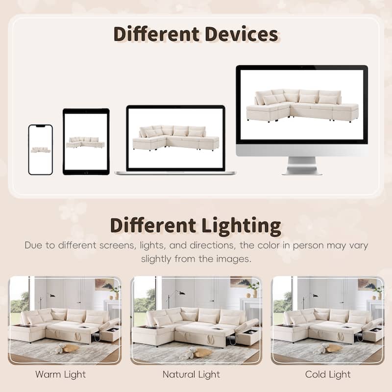 107'' 6 Seat Modular Sectional Sofa with USB Charging, L shape Oversize Pull-out Sofa Bed with Storage Ottoman