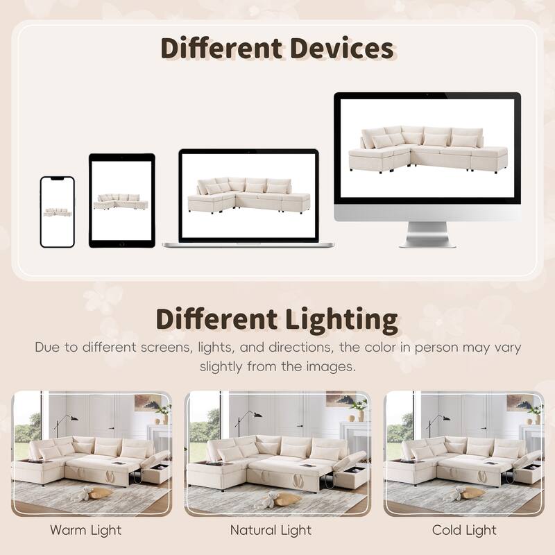 L-Shape Modular Chenille Sectional Sofa Convertible Sleeper Pull-out Sofa Bed with Dual-use Storage Ottoman and Charging Ports