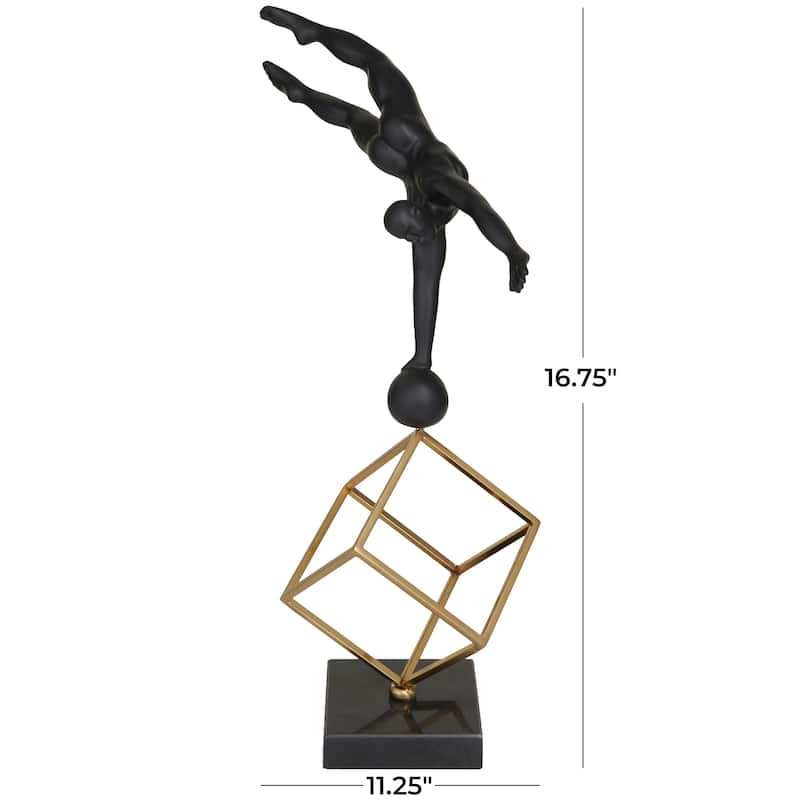 Black Marble Gymnast Decorative Sculpture with Gold Cube Base