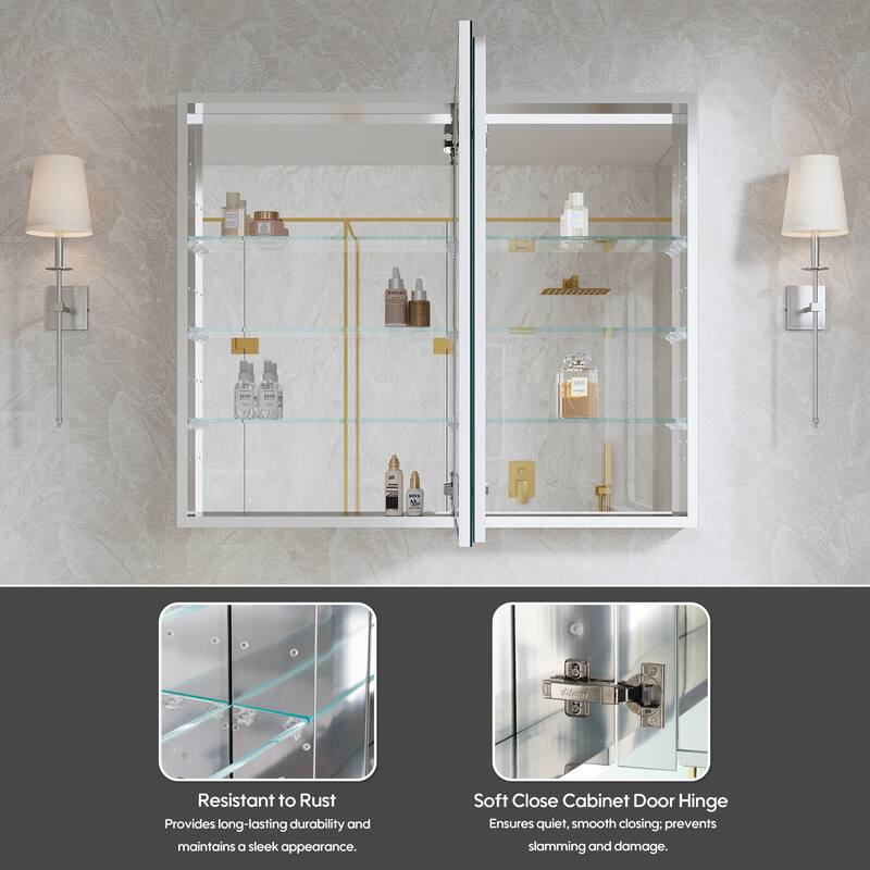 36''W X 30''H Recessed Or Surface Wall Mount Bathroom Medicine Cabinet With Adjustable Glass Shelves