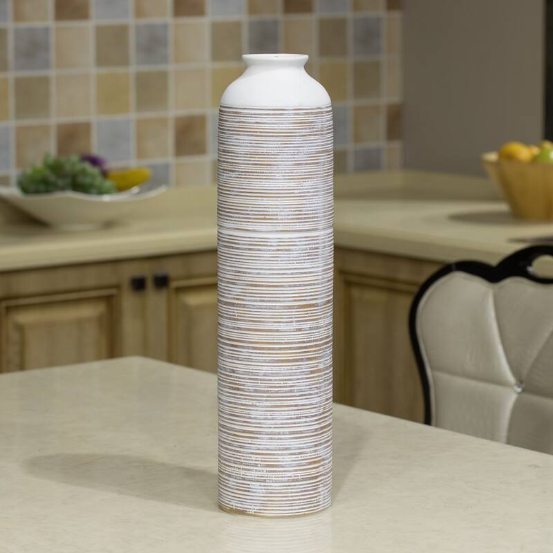 Contemporary Floor Vase - Ribbed 20-Inch-Tall Trumpet Style Ceramic White Table Vase - Modern Home Decor Accent for Entryway