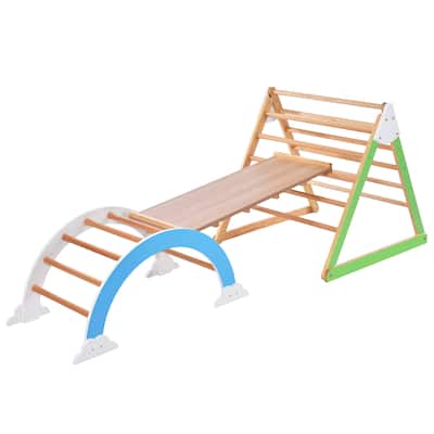 Wood Climbing Triangle Toys, Indoor Arc Climber Jungle with Ramp and Arch Toy Rocker, Playset Natural Wood Playground