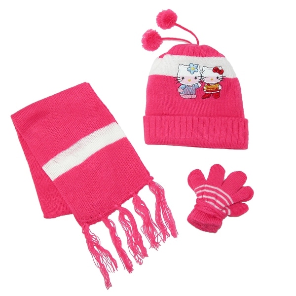 Girls Knit Hello Kitty Winter Hat with Pompom Scarf and Matching Gloves