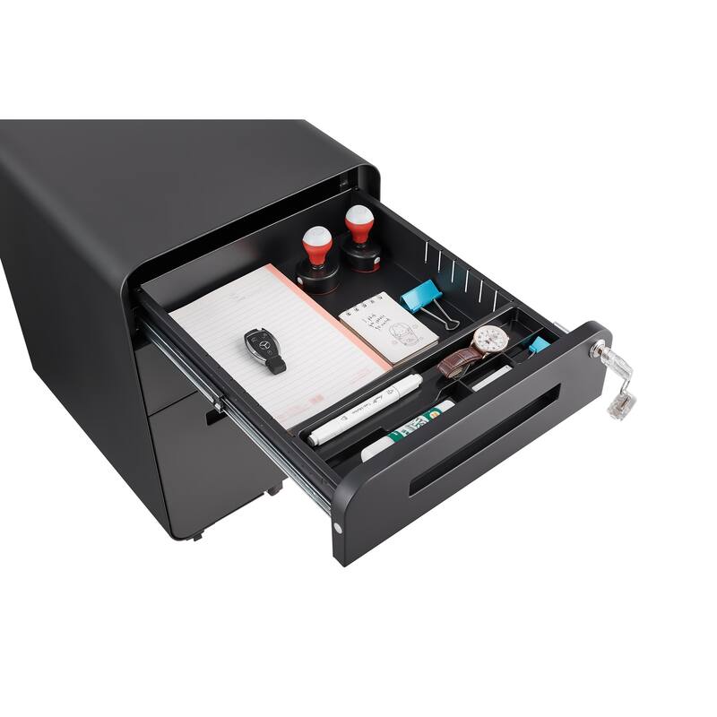 3-Drawer Locking Mobile File Cabinet with Wheels, Metal Home Office Storage Cabinet with Pencil Tray & Hanging Bars