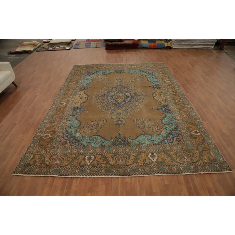 Hand Knotted Oriental 100% Wool Carpet Traditional Floral Brown Tabriz Area Rug - 12' 9'' X 9' 6''