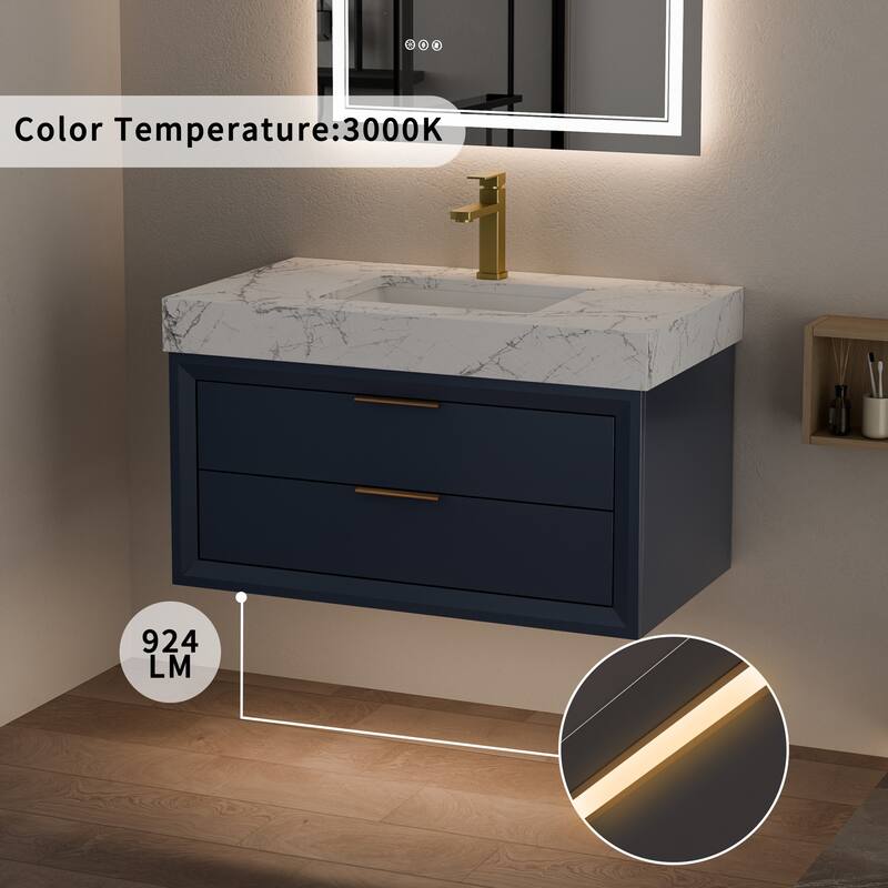 Modland 36" Wall-Mount Vanity with LED Light & 2 Soft-Close Drawers - Solid Oak, Black,White,Blue,Green - 36 inch