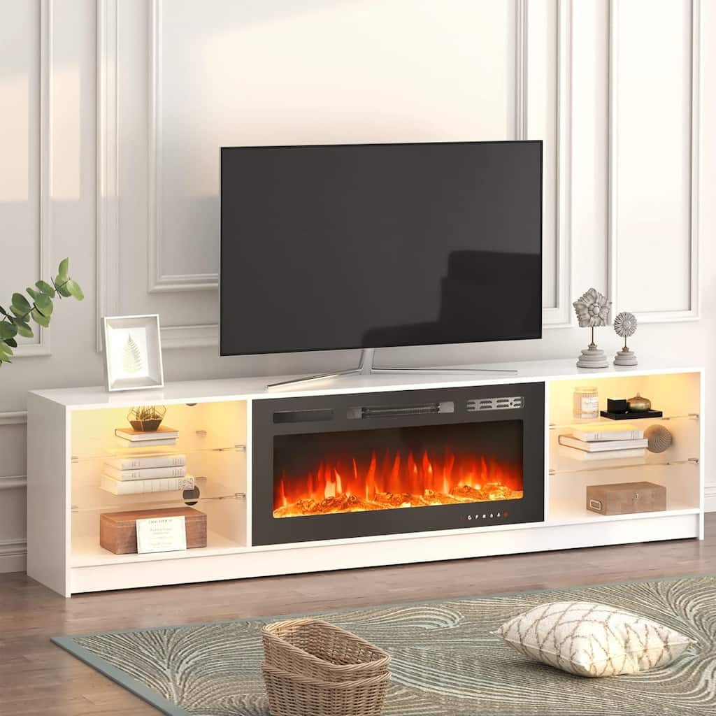 EROMMY 79" Fireplace TV Stand with 40" Electric Fireplace, Entertainment Center with Adjustable Glass Shelves