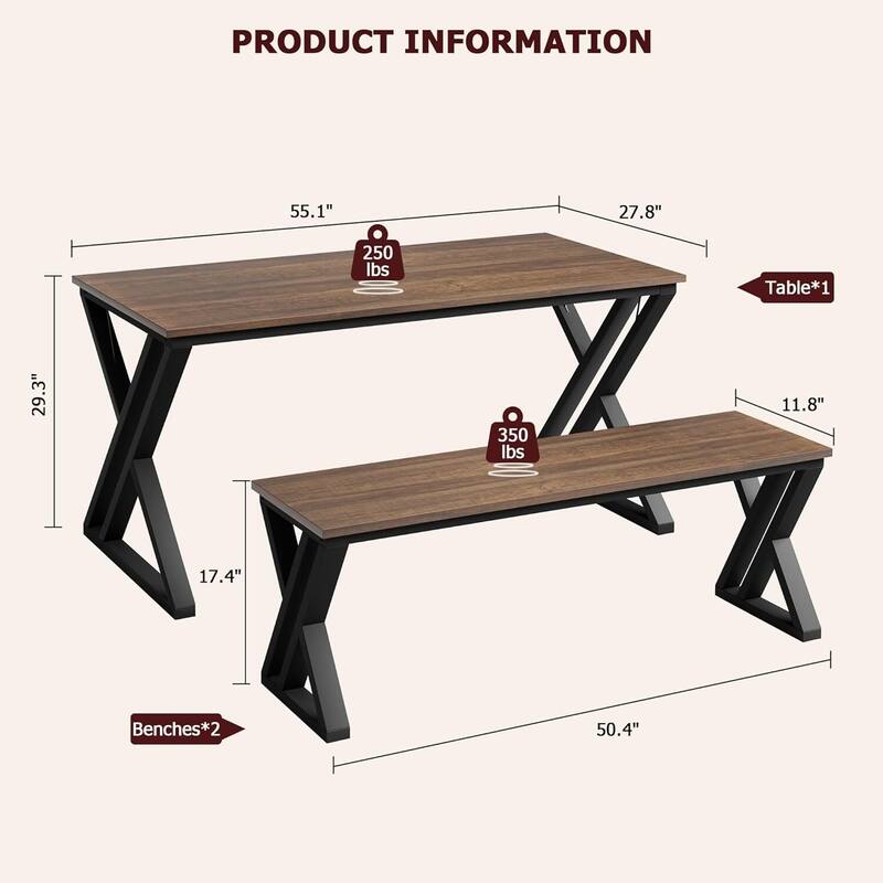 55" Large Kitchen Table Set with 2 Benches