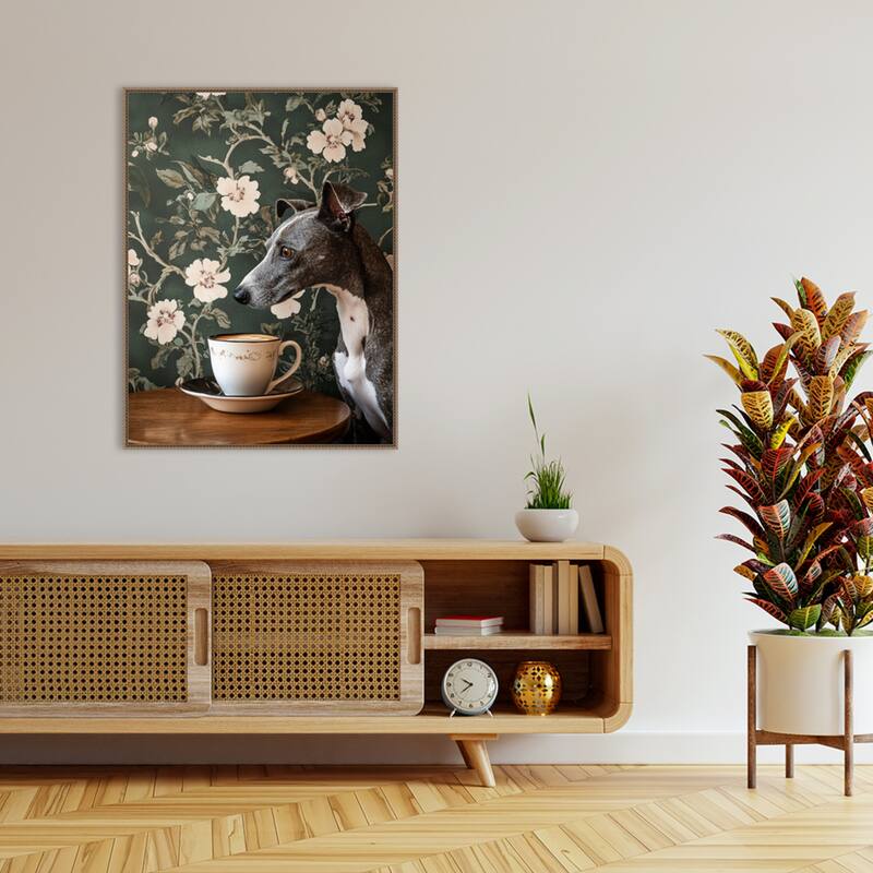 The Coffee Loving Whippet by Mowzu Framed Canvas Wall Art