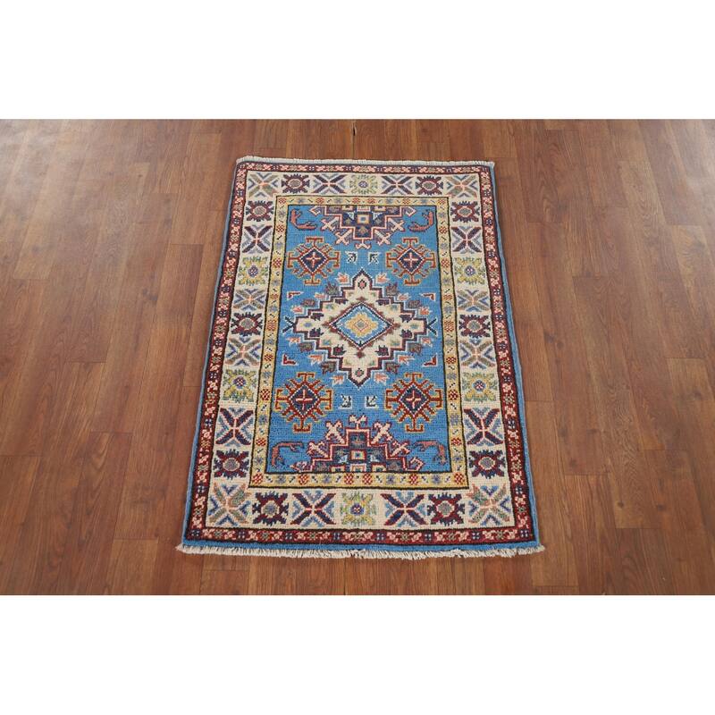 Blue Geometric Kazak Foyer Rug Handmade Oriental Wool Carpet - 2'1" x 3'0"