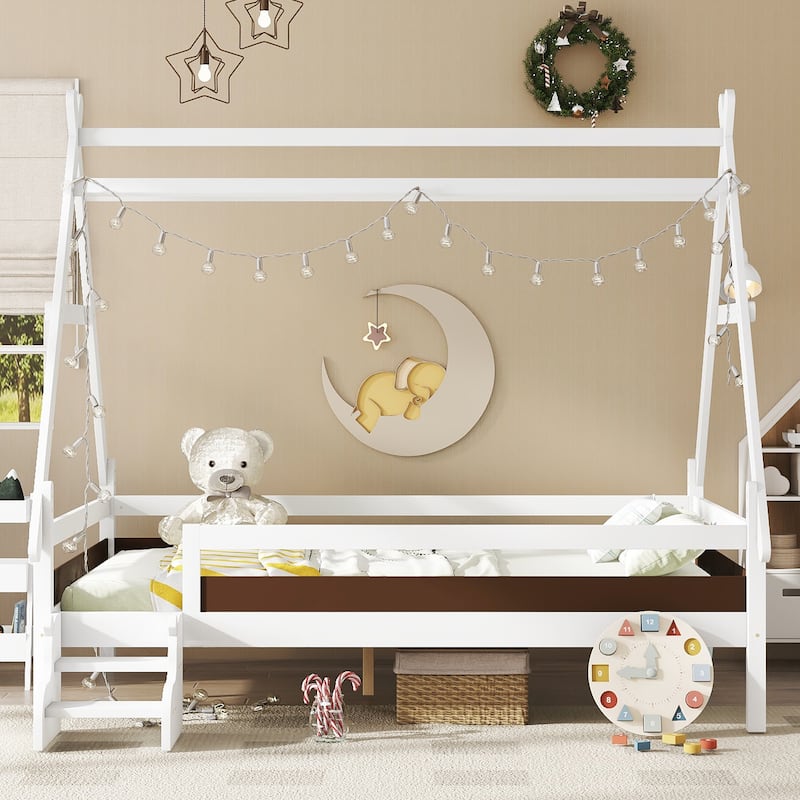 Roomfitters House Platform Bed with Stairs, Solid Wood Low Profile Frame with Roof Design for Playroom