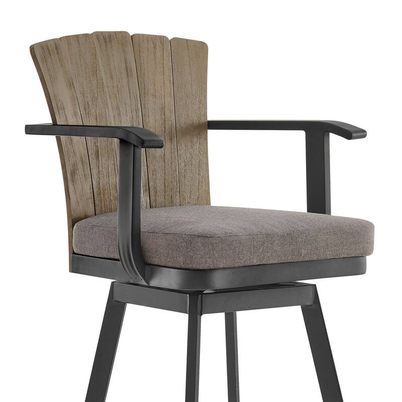 Luna 26 Inch Outdoor Swivel Counter Stool Chair, Rustic Teak Wood, Black