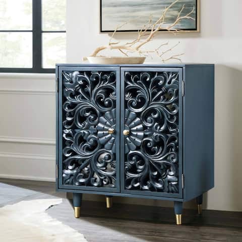 Peacock Blue Solid Wood Hollow 2-Door Accent Cabinet Sideboard - W17.5"x L30"x H35.5"