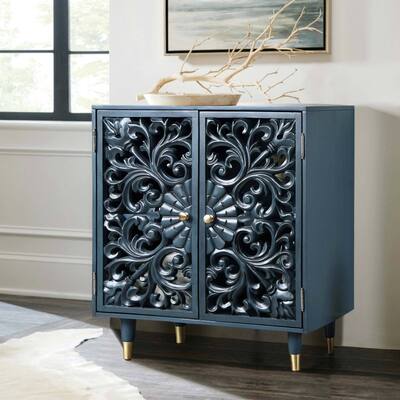 Solid Wood Hollow 2-Door Accent Cabinet Sideboard Peacock Blue Storage Shelf for Living/ Dining Room - W17.5"x L30"x H35.5"