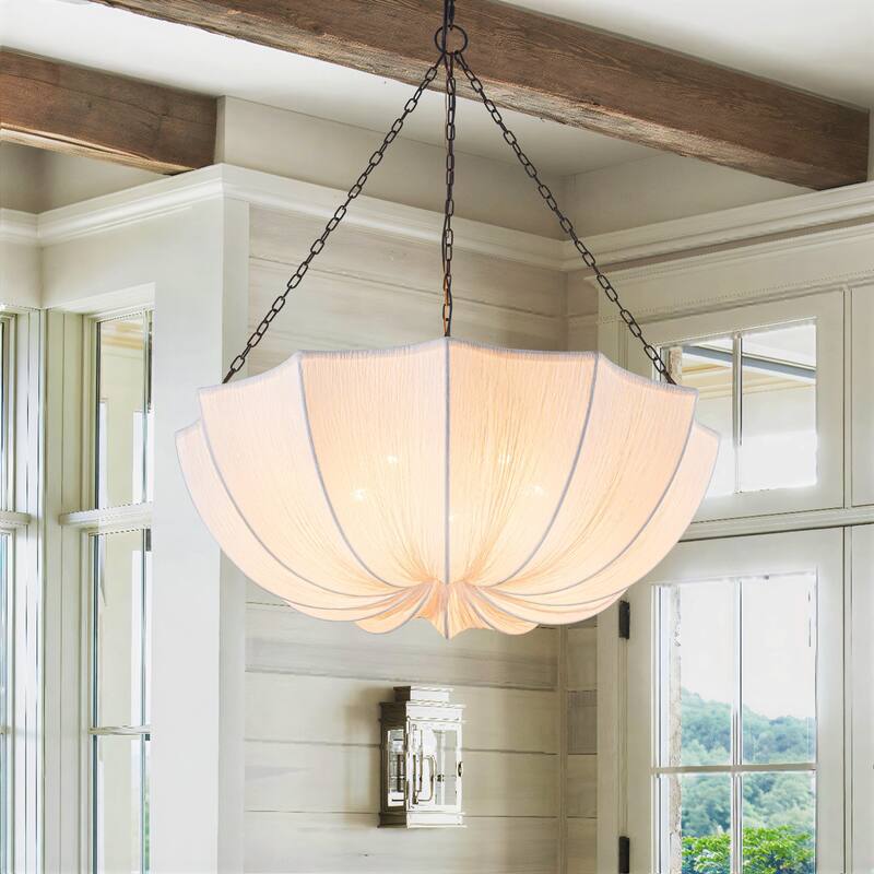 5-Light White Fabric Shade Pendant Light for Living Room - Black White