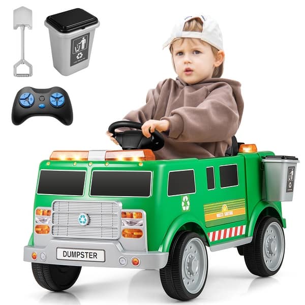 slide 2 of 10, Gymax Ride on Garbage Truck w/ Remote Control Trash Bin Shovel Lights Green - Assembly Required - Kids