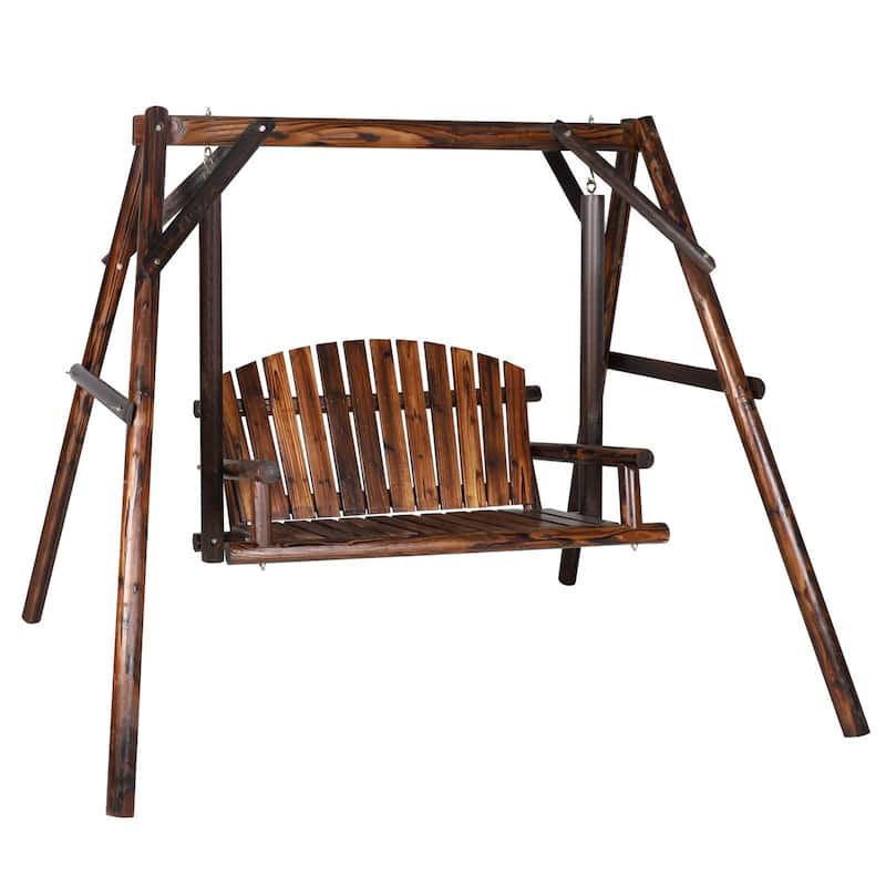 VEIKOUS 2-Person Carbonized Fir Wood Patio Porch Swing with A-Frame Stand, 4.4FT